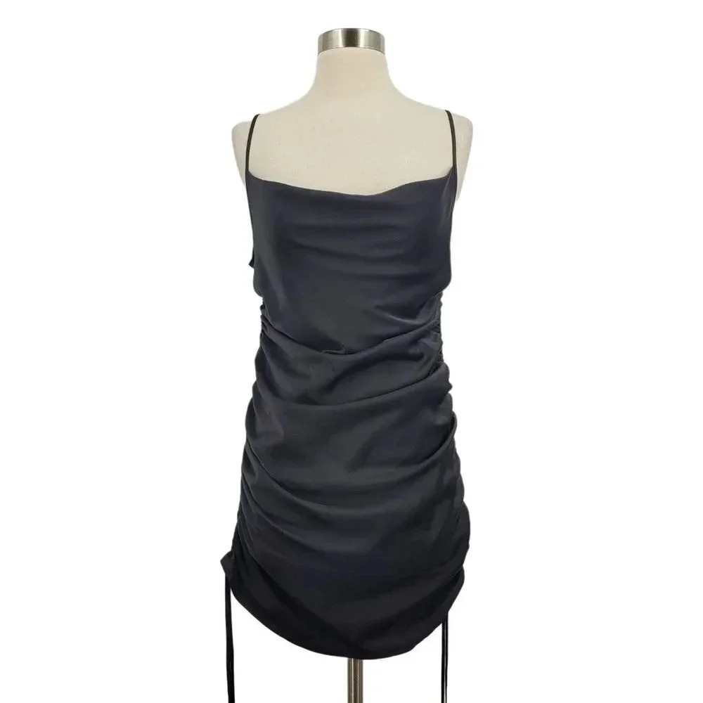 WAYF Women's Leola Cowl Ruched Minidress In Black Satin Size S NWT